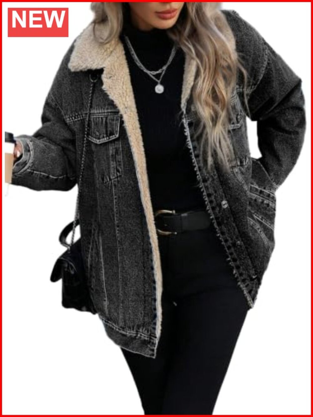 Womens Long Oversized Fleece Lined Denim Jacket Sherpa Trucker Coat